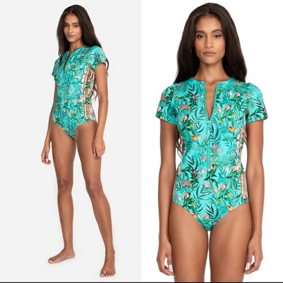 Johnny Was Taina Animal Tropical Neoprene Short Sleeve One-Piece Swimsuit Small - Picture 1 of 13